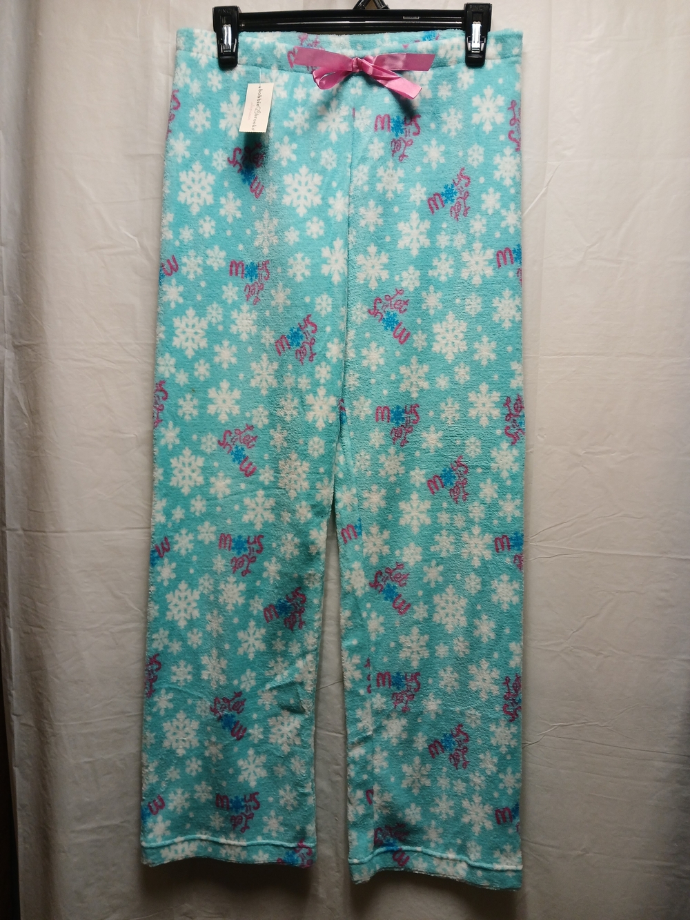 Bobbie Brooks Aqua Snowflake Fleece Pajama Bottoms with Pink Bow